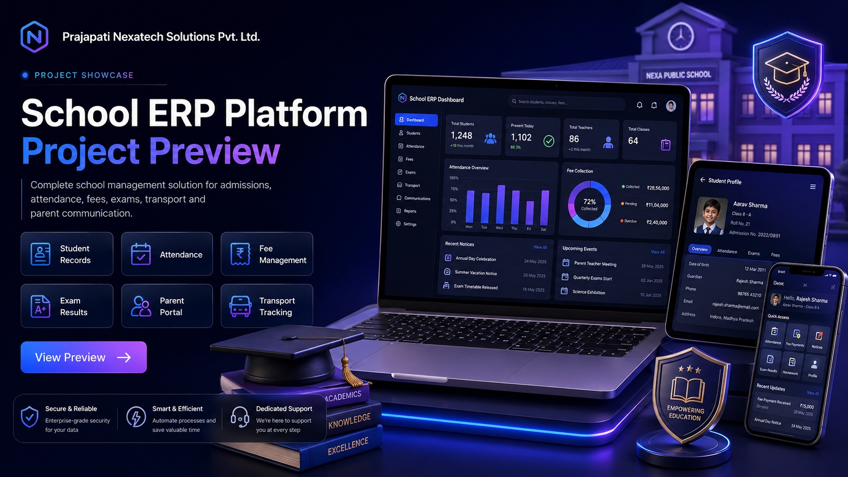 School ERP dashboard and education project preview